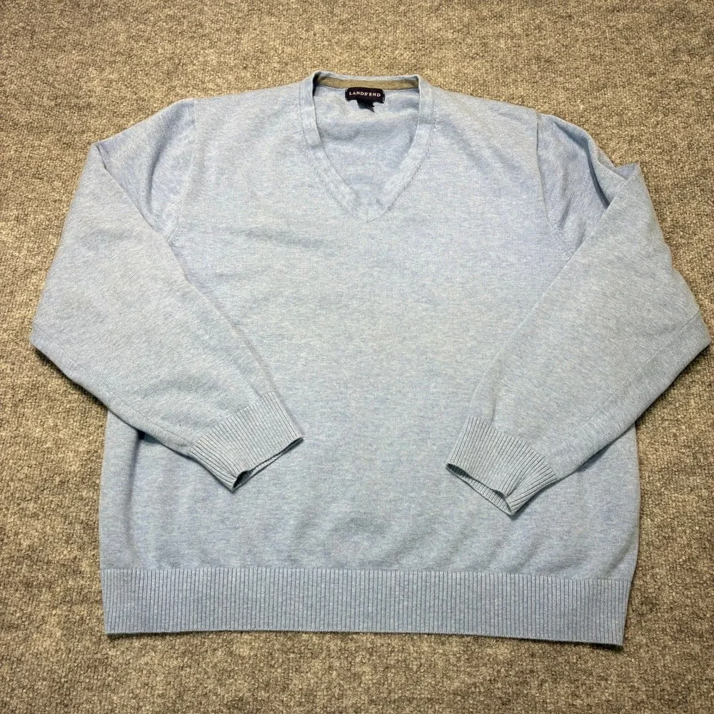 Lands End Sweater Mens XL Light Blue V-Neck Long‎ Sleeve Pullover Preppy